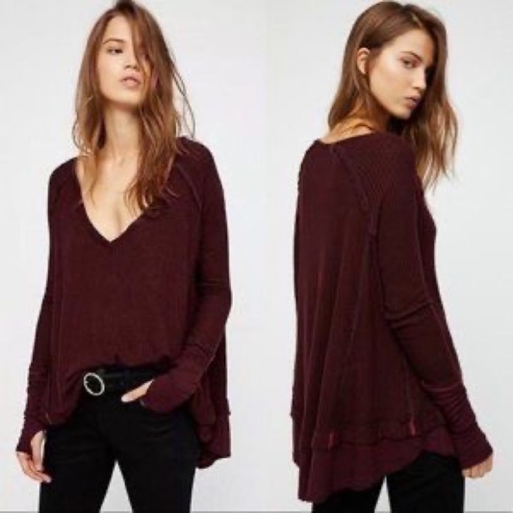 โฅ๏ธ FP Maroon Red Laguna Thermal Waffle Knit Long-Sleeve Tunic Top w/ Thumbholes - Picture 3 of 16